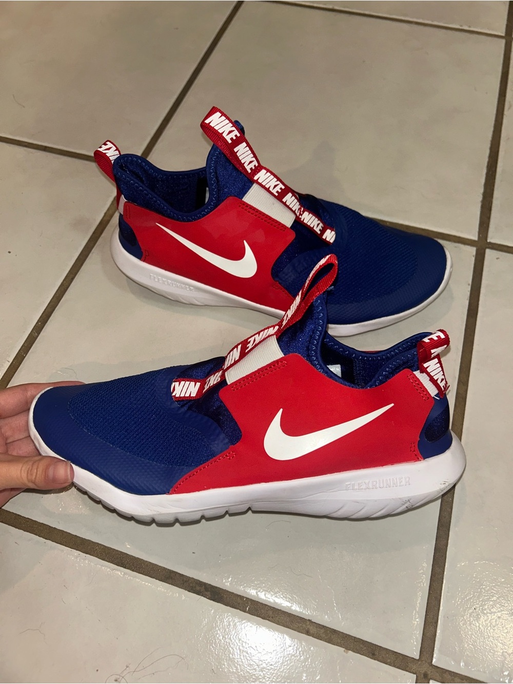 Nike Kids Slip-On Sneakers in Blue and Red with White Swoosh
